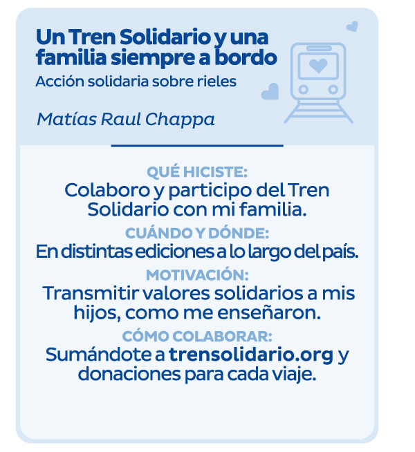 Un Tren Solidario y una familia siempre a bordo | Acción solidaria sobre rieles | Matías Raul Chappa | Qué hiciste: Colaboro y participo del Tren Solidario con mi familia. | Cuándo y dónde: En distintas ediciones a lo largo del país. | Motivación: Transmitir valores solidarios a mis hijos, como me enseñaron. | Cómo colaborar: Sumándote a trensolidario.org y donaciones para cada viaje.