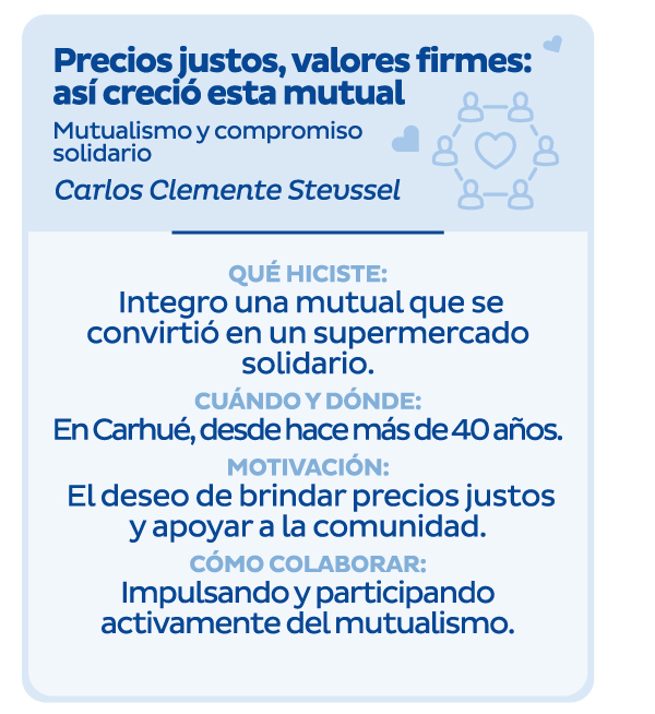 Precios justos, valores firmes: así creció esta mutual | Mutualismo y compromiso solidario | Carlos Clemente Stevssel | Qué hiciste: Integro una mutual que se convirtió en un supermercado solidario. | Cuándo y dónde: En Carhué, desde hace más de 40 años. | Motivación: El deseo de brindar precios justos y apoyar a la comunidad. | Cómo colaborar: Impulsando y participando activamente del mutualismo. 
