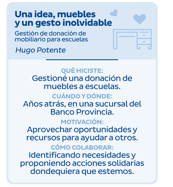 Una idea, muebles y un gesto inolvidable | Gestión de donación de mobiliario para escuelas | Hugo Potente | Qué hiciste: Gestioné una donación de muebles a escuelas | Cuándo y dónde? Años atrás, en una sucursal del Banco Provincia. | Motivación: Aprovechar oportunidades y recursos para ayudar a otros. | Cómo colaborar: Identificando necesidades y proponiendo acciones solidarias dondequiera que estemos