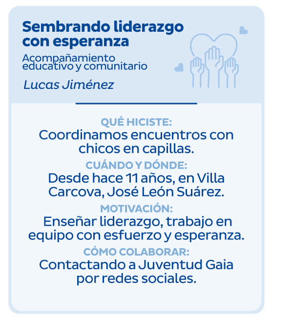 Sembrando liderazgo con esperanza | Acompañamiento educativo y comunitario | Lucas Jiménez | Qué hiciste: Coordinamos encuentros con chicos en capillas. | Cuándo y dónde? Desde hace 11 años, en Villa Carcova, José León Suárez | Motivación: Enseñar liderazgo, trabajo en equipo con esfuerzo y esperanza | Cómo colaborar: Contactando a Juventud Gaia por redes sociales