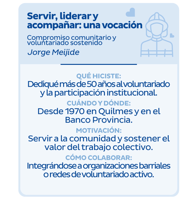 Servir, liderar y acompañar: una vocación | Compromiso comunitario y voluntariado sostenido | Jorge Meijide | Qué hiciste: Dediqué más de 50 años al voluntariado y la participación institucional. | Cuándo y dónde? Desde 1970 en Quilmes y en el Banco Provincia. | Motivación: Servir a la comunidad y sostener el valor del trabajo colectivo. | Cómo colaborar: Integrándose a organizaciones barriales o redes de voluntariado activo.