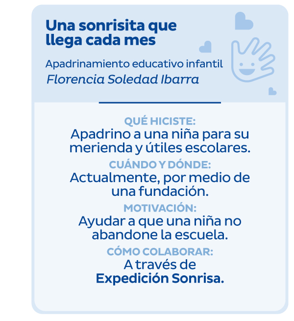 Una sonrisita que llega cada mes | Apadrinamiento educativo infantil | Florencia Soledad Ibarra | Qué hiciste: Apadrino a una niña para su merienda y útiles escolares. | Cuándo y dónde: Actualmente, por medio de una fundación. Motivación: Ayudar a que una niña no abandone la escuela. | Cómo colaborar: A través de Expedición Sonrisa