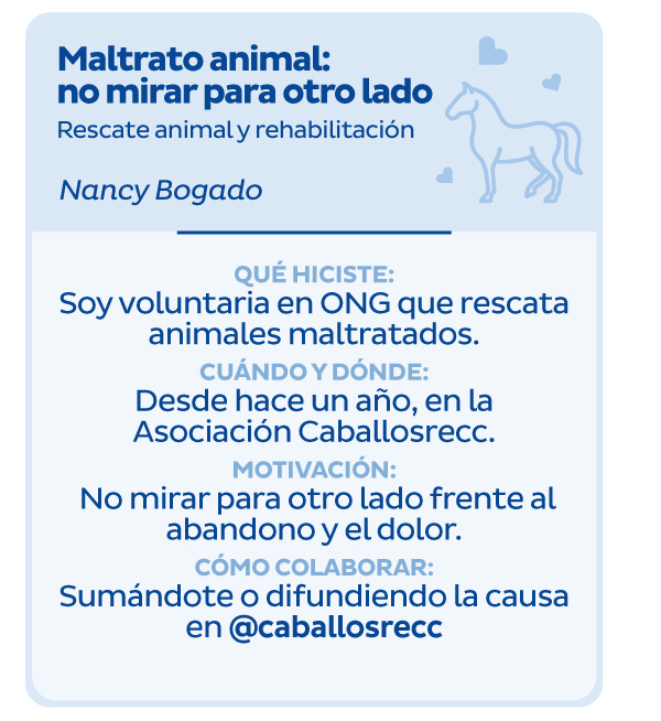 Maltrato animal: no mirar para otro lado | Rescate animal y rehabilitacón | Nancy Bogado | Qué hiciste: Soy voluntaria en ONG que rescata animales maltratados | Cuándo y dónde: Desde hace un año, en la Asociación Caballosrecc. | Motivación: No mirar para otro lado frente al abandono y el dolor. | Cómo colaborar: Sumándote o difundiendo la causa en @caballosrecc