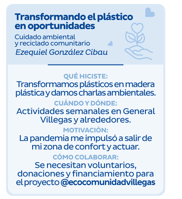 Transformando el plástico en oportunidades | Cuidado ambiental y reciclado comunitario | Ezequiel González Cibau | Qué hiciste: Transformamos plásticos en madera plástica y damos charlas ambientales | Cuándo y dónde: Actividades semanales en General Villegas y alrededores. | Motivación: La pandemia me impulsó a salir de mi zona de confort y actuar. | Cómo colaborar: Se necesitan voluntarios, donaciones y financiamiento para el proyecto @ecocomunidadvillegas